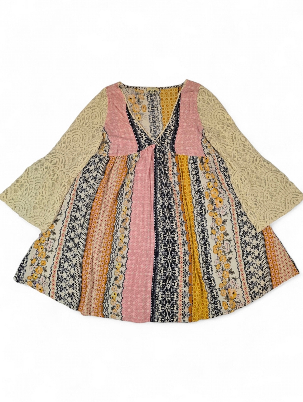 Kori America Boho Patchwork Floral Sheer Lace Bell Sleeve Babydoll Mini Dress S